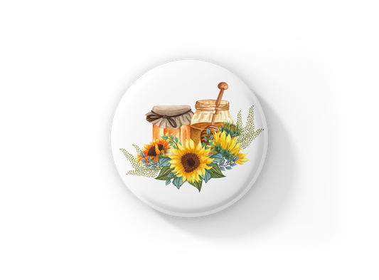 Sunflower Honey Pin Back Button, Magnet, Keychain