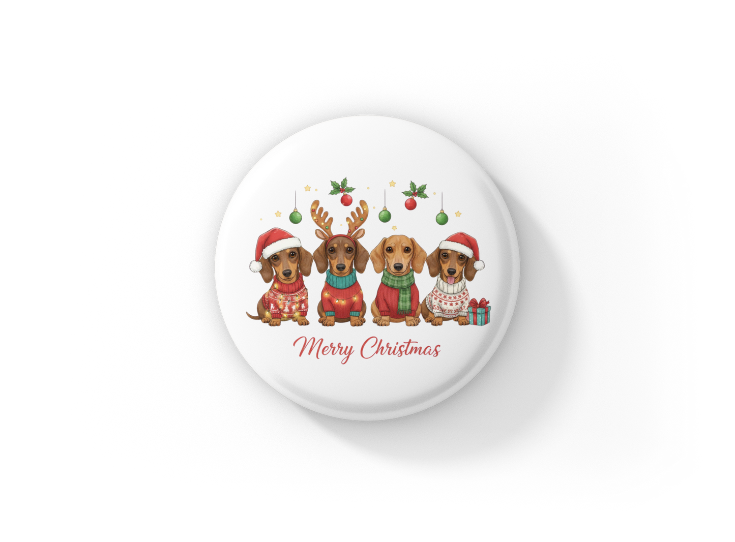 Merry Christmas Dachshund Pin Back Button, Magnet