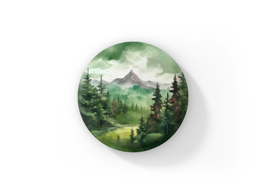 Green Forest Mountain Pin Back Button, Magnet, Keychain