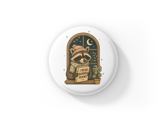 I Read Banned Books Raccoon Pin Back Button, Magnet