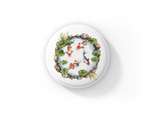Koi Pond 3 Basket Pin Back Button, Magnet