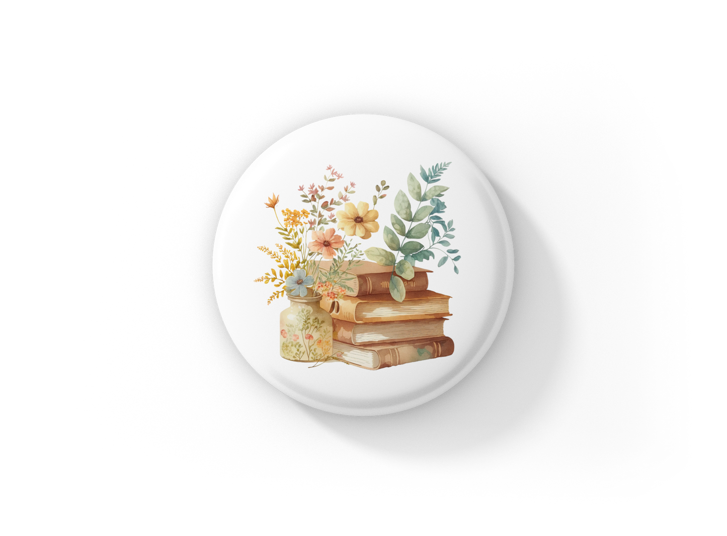 Floral Books 1 Pin Back Button, Magnet, Keychain