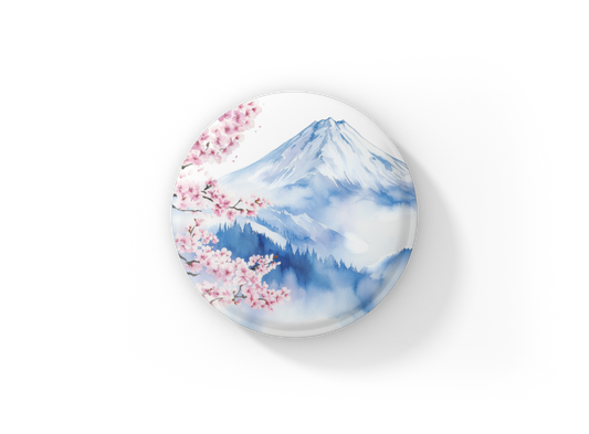 Cherry Blossom Mountain Pin Back Button, Magnet