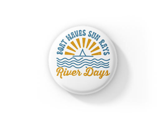 Boat Waves Sun Rays River Days Pin Back Button, Magnet