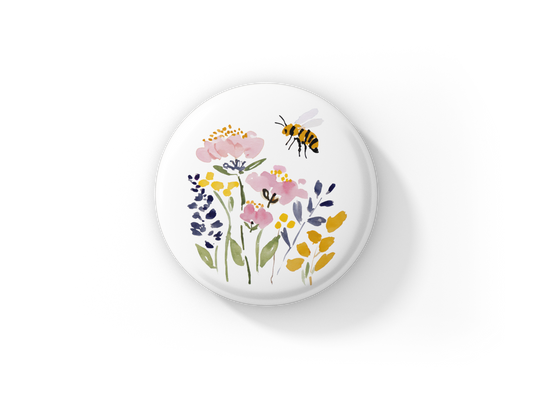 Honey Bee Wildflowers Pin Back Button, Magnet