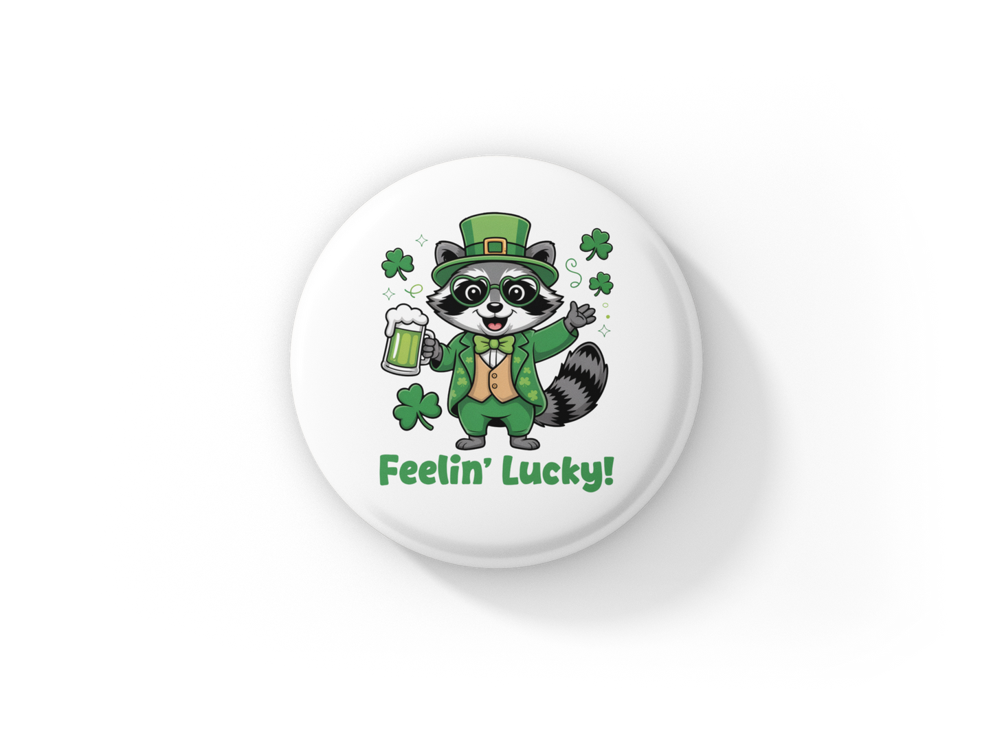 Feelin Lucky Raccoon Pin Back Button, Magnet