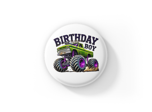Birthday Boy Monster Truck Pin Back Button, Magnet