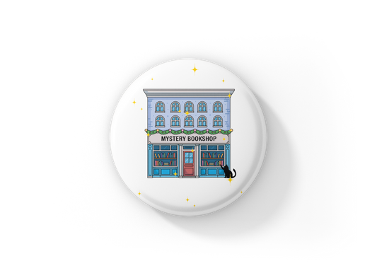Mystery Bookshop Pin Back Button, Magnet