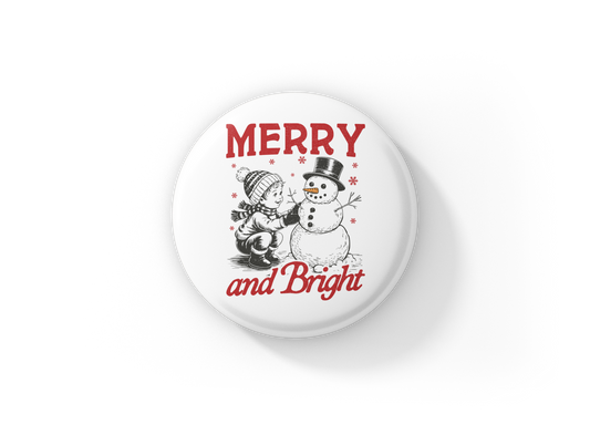 Merry and Bright Snowman Pin Back Button, Magnet