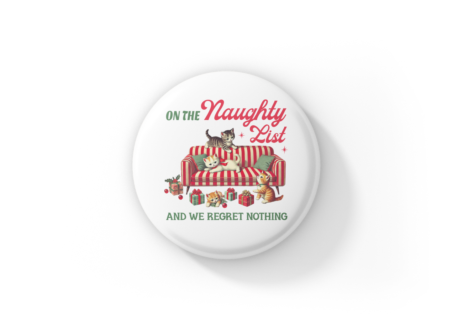 On The Naughty List Cats Pin Back Button, Magnet