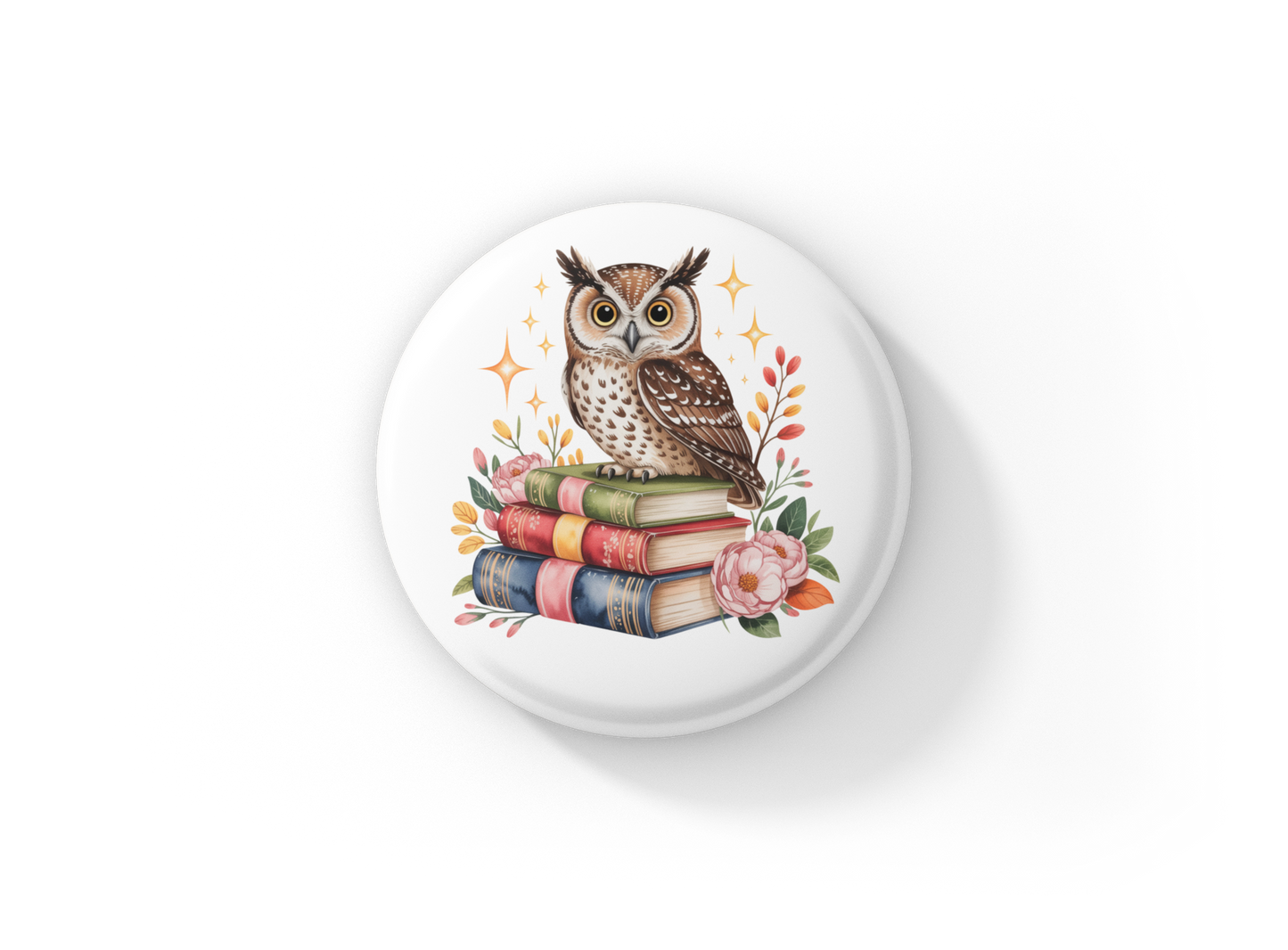 Owl Book Pin Back Button, Magnet