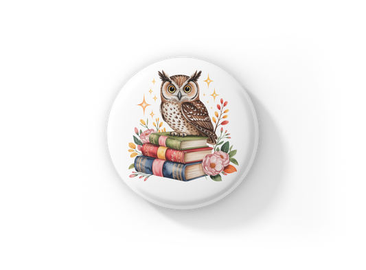 Owl Book Pin Back Button, Magnet