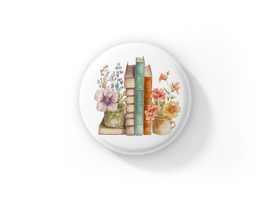 Floral Books 8 Pin Back Button, Magnet, Keychain