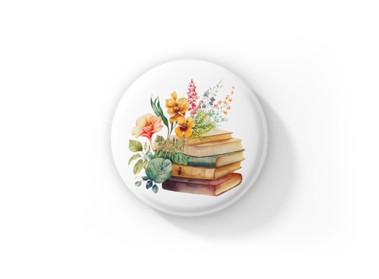 Floral Books 9 Pin Back Button, Magnet, Keychain