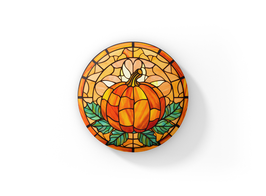 Stained Glass Pumpkin Pin Back Button, Magnet, Keychain