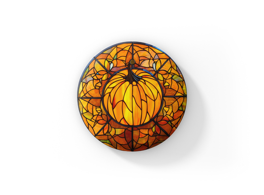 Stained Glass Pumpkin Pin Back Button, Magnet, Keychain