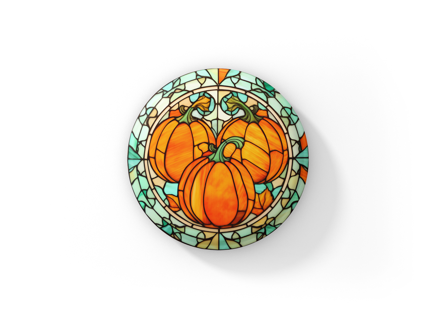 Stained Glass Pumpkin Pin Back Button, Magnet, Keychain