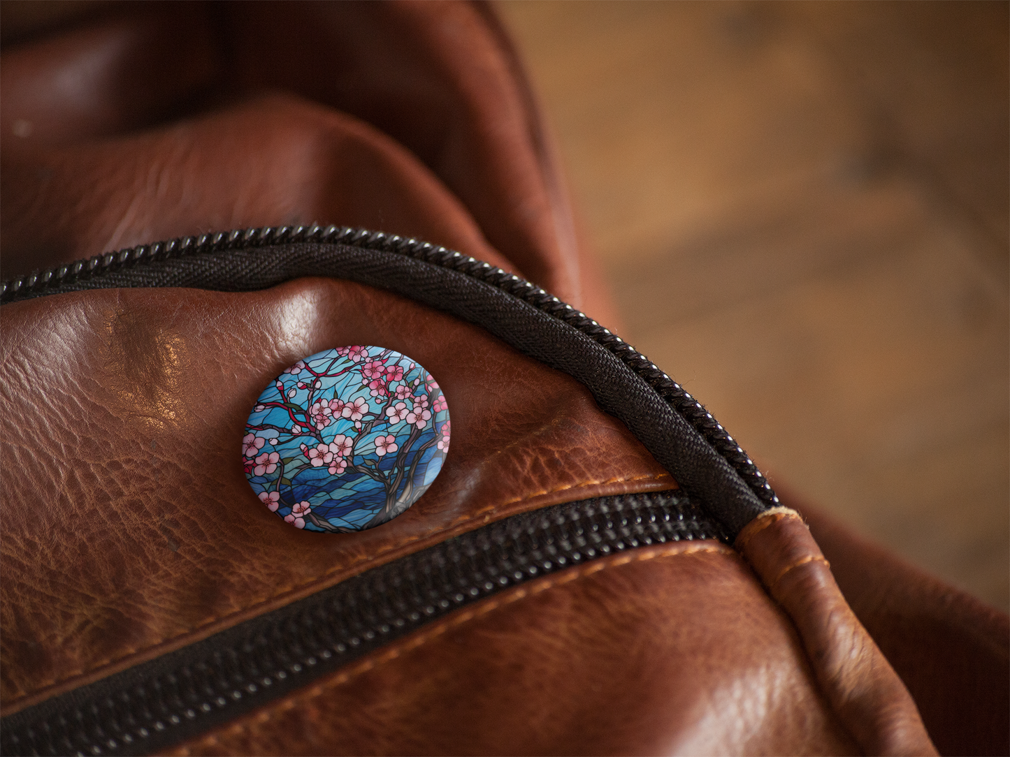 Stained Glass Cherry Blossoms Pin Back Button, Magnet, Keychain