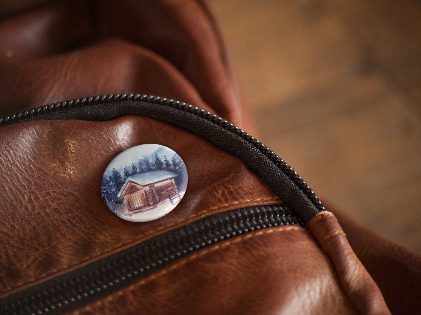 Winter Cabin Pin Back Button, Magnet, Keychain