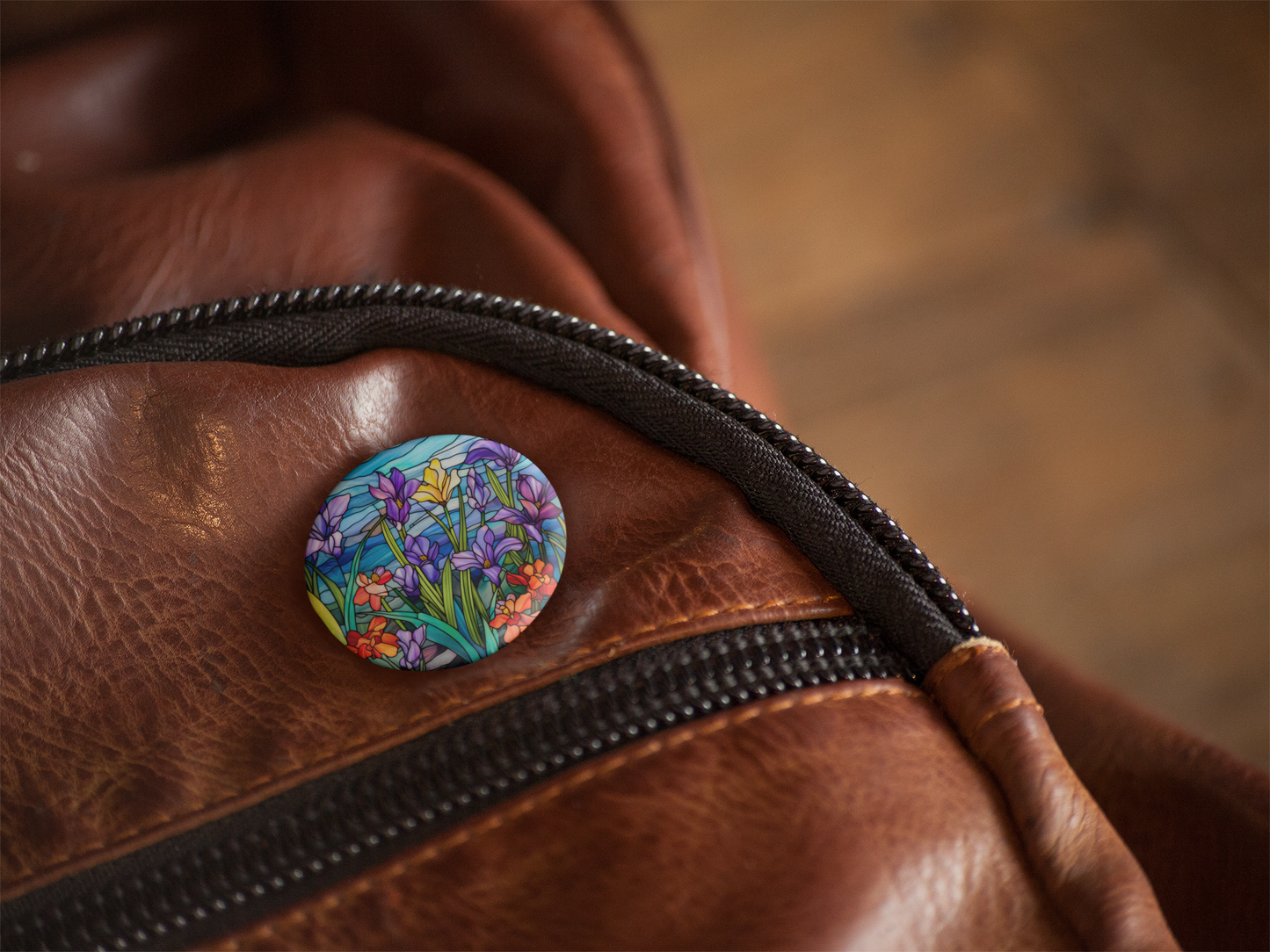 Stained Glass Flower Pin Back Button, Magnet, Keychain