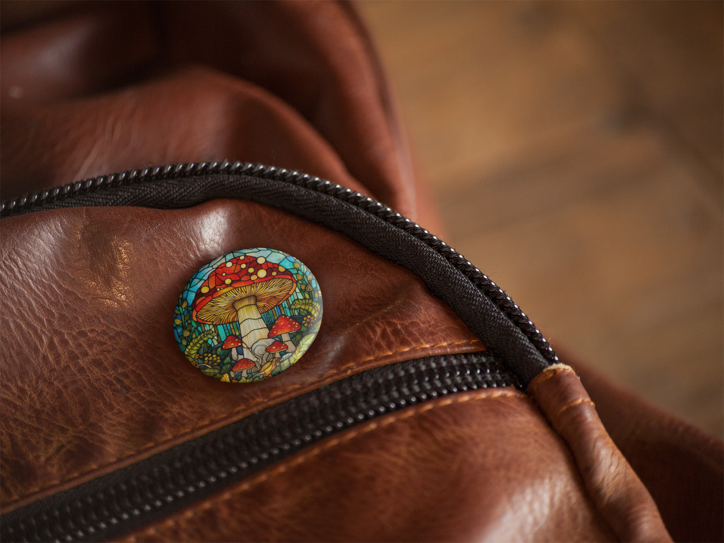 Stained Glass Mushroom Pin Back Button, Magnet, Keychain