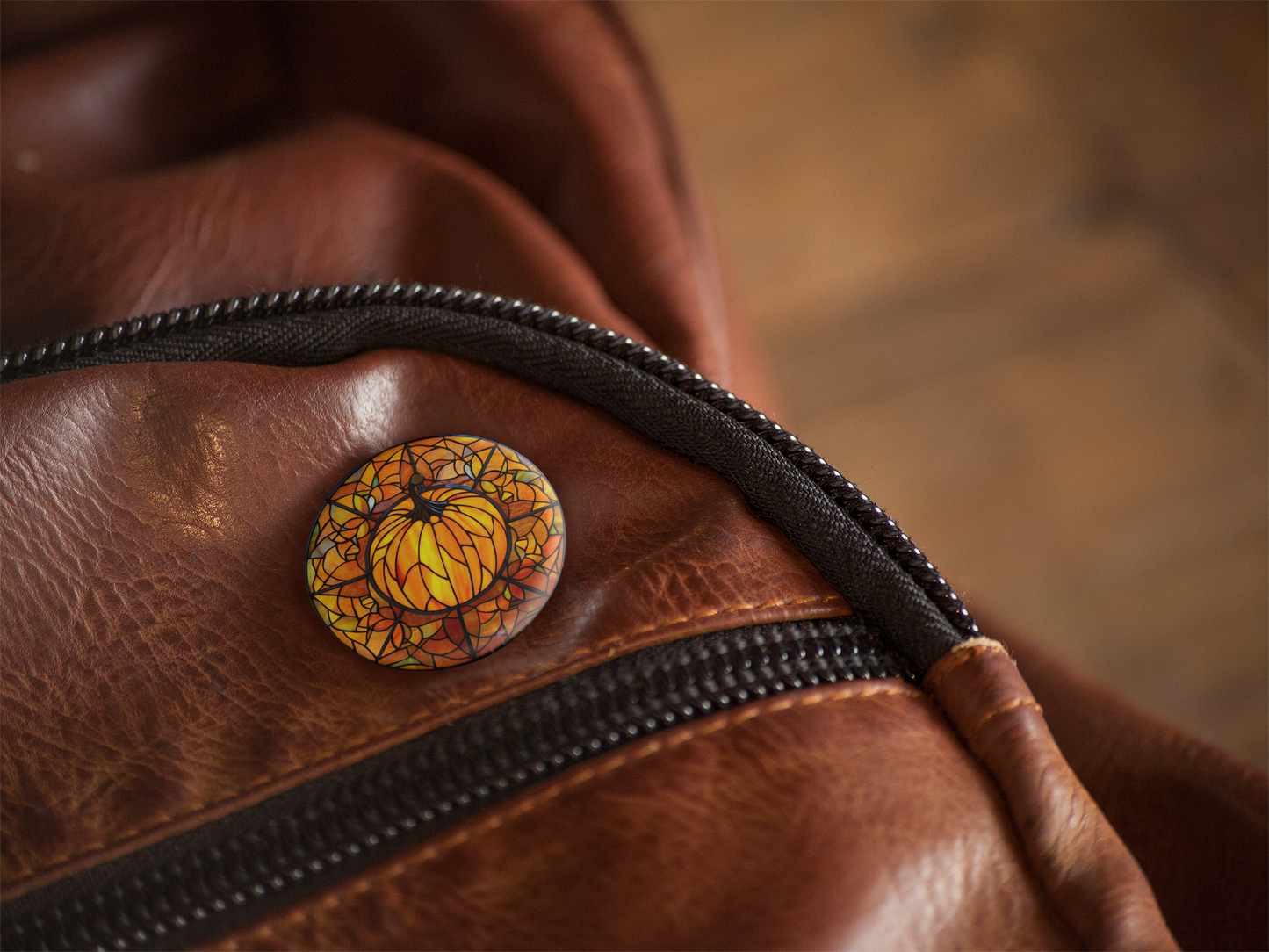 Stained Glass Pumpkin Pin Back Button, Magnet, Keychain