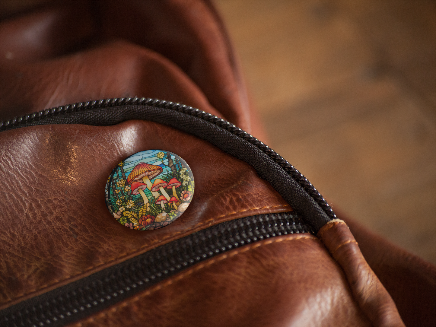 Stained Glass Mushroom Pin Back Button, Magnet, Keychain