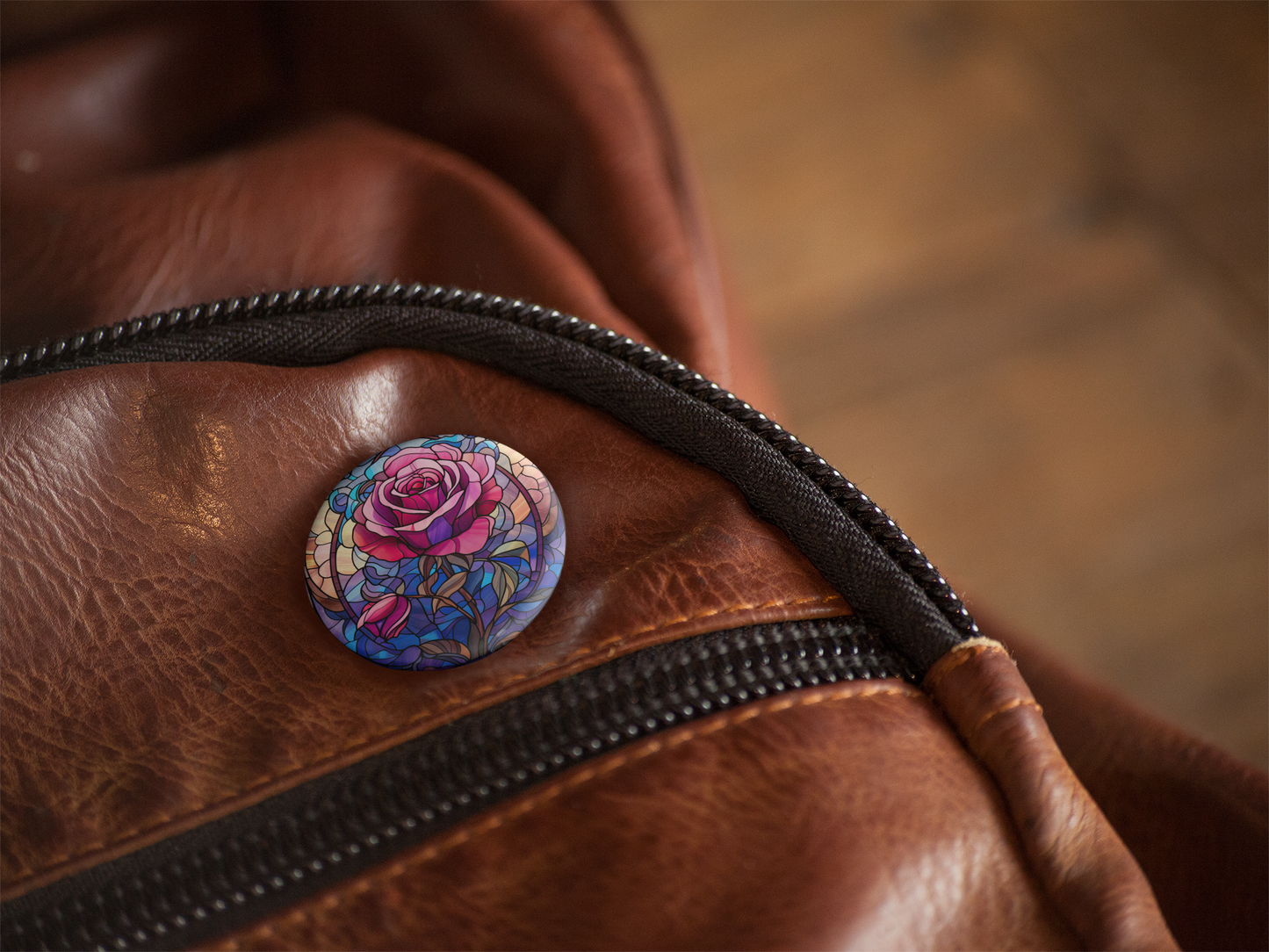 Stained Glass Rose Pin Back Button, Magnet, Keychain