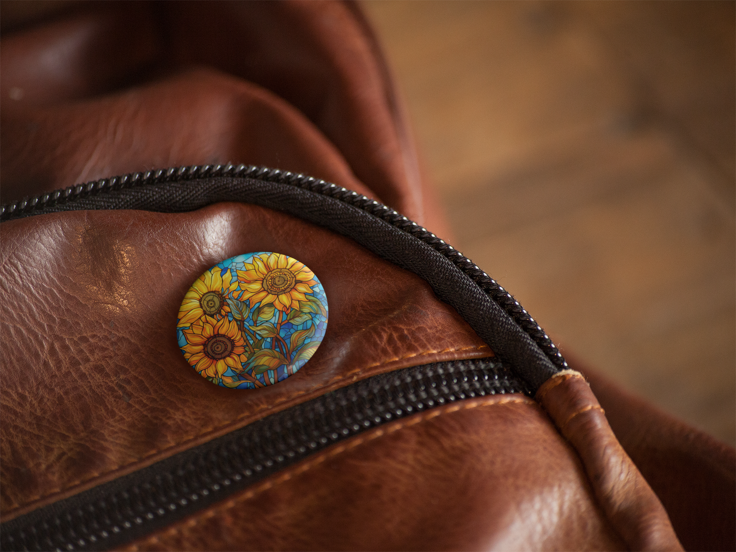 Stained Glass Sunflower Pin Back Button, Magnet, Keychain